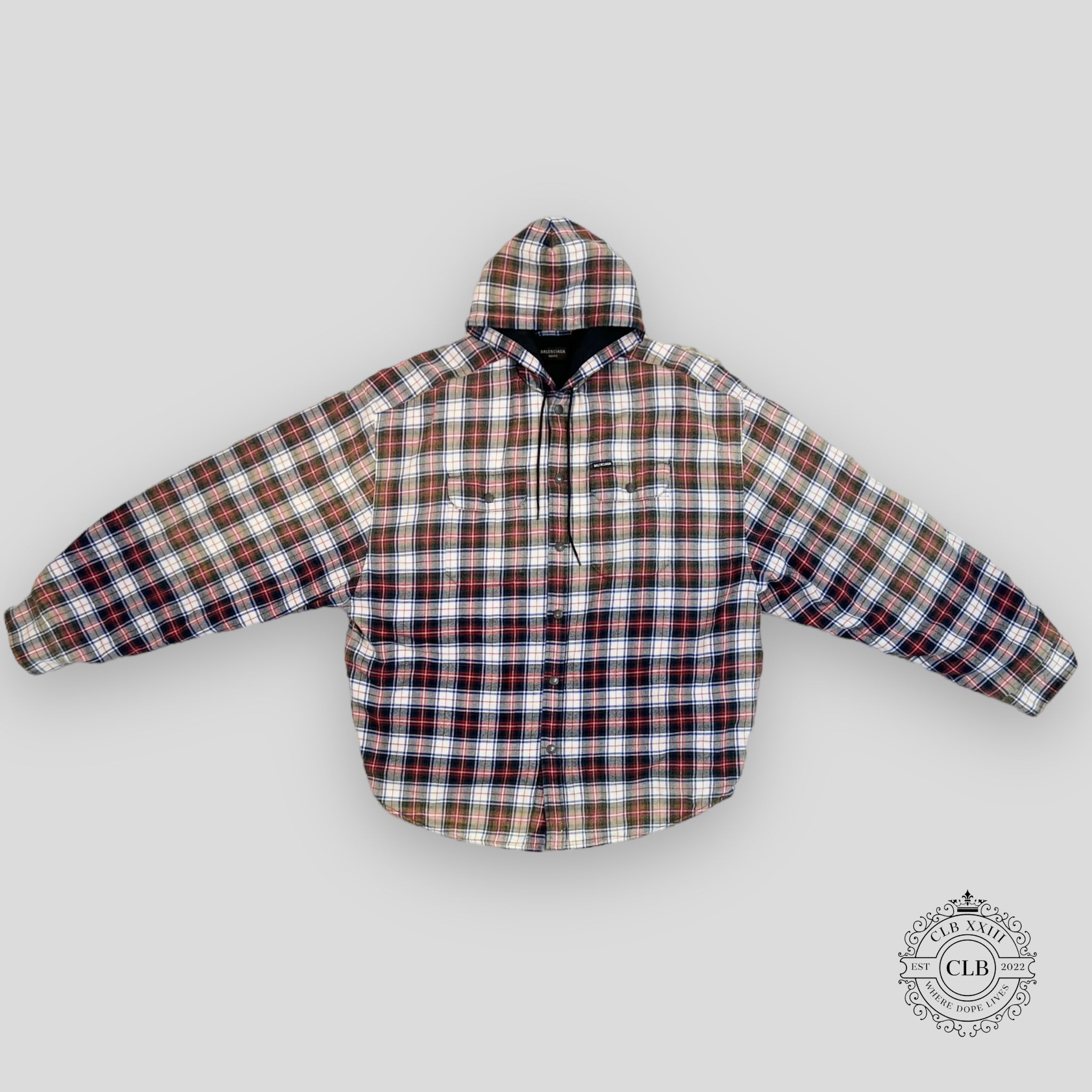 BALENCIAGA BLEACHED PLAID HOODED FLANNEL - RED