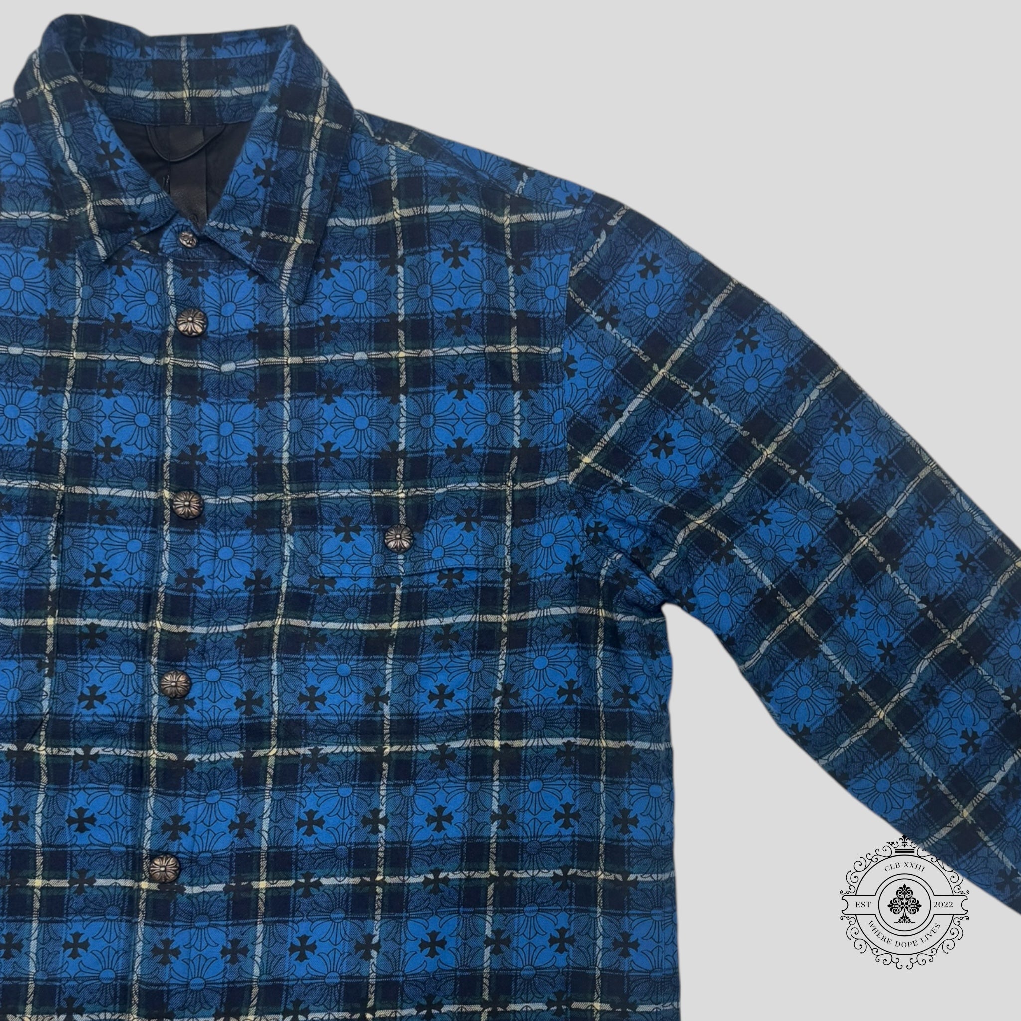 Chrome Hearts Padded Cross Patterned Flannel Shirt in Blue