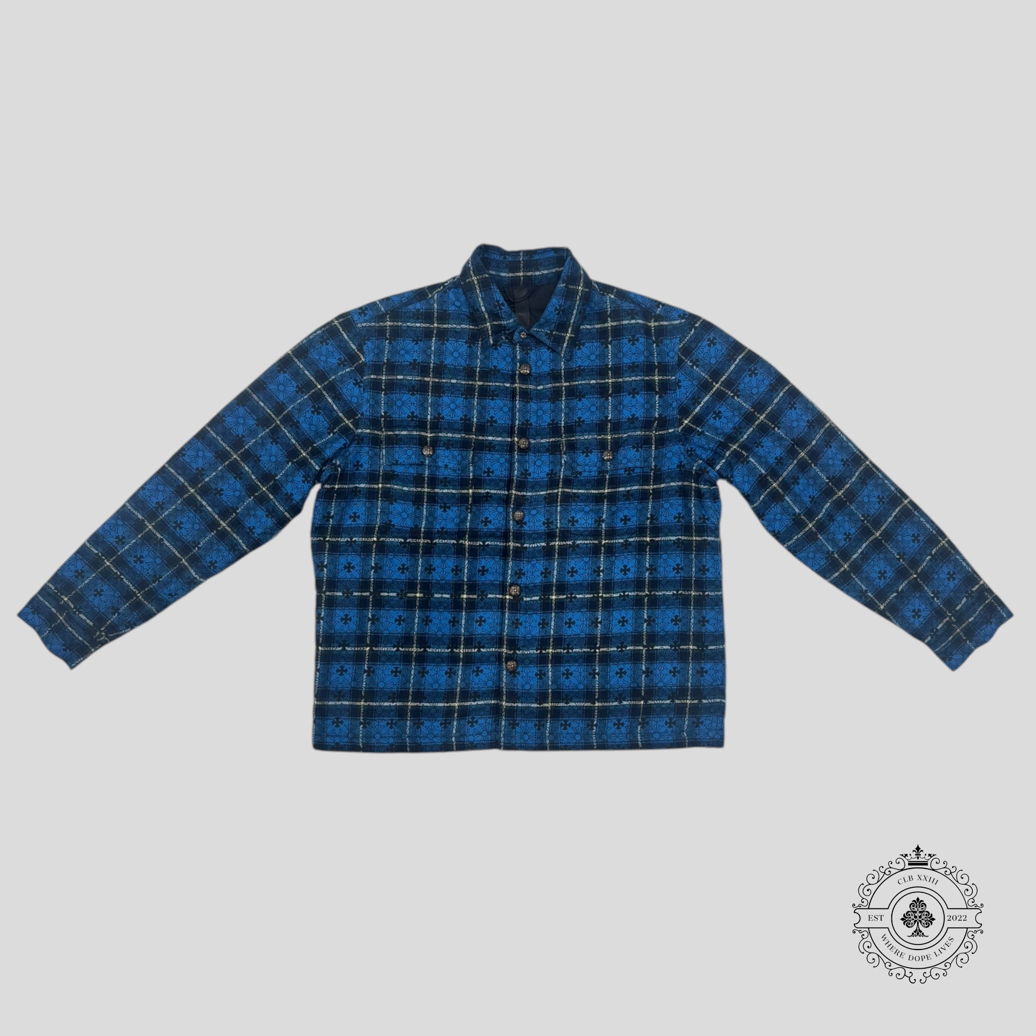 Chrome Hearts Padded Cross Patterned Flannel Shirt in Blue