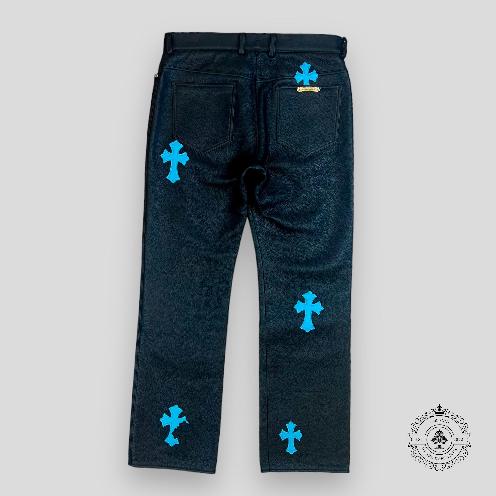 Chrome Hearts Cross Patch Leather Pants in Black/Blue