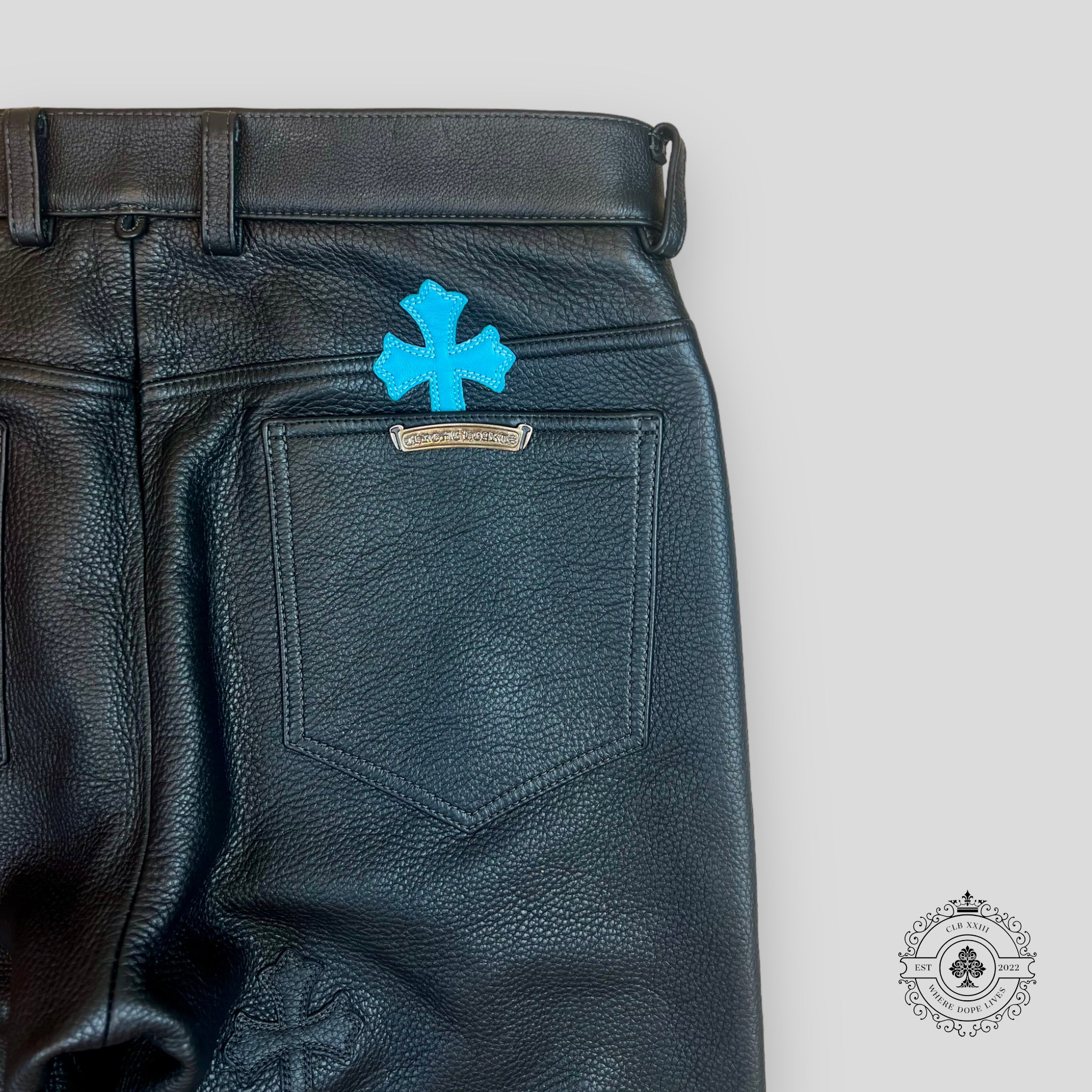 Chrome Hearts Cross Patch Leather Pants in Black/Blue