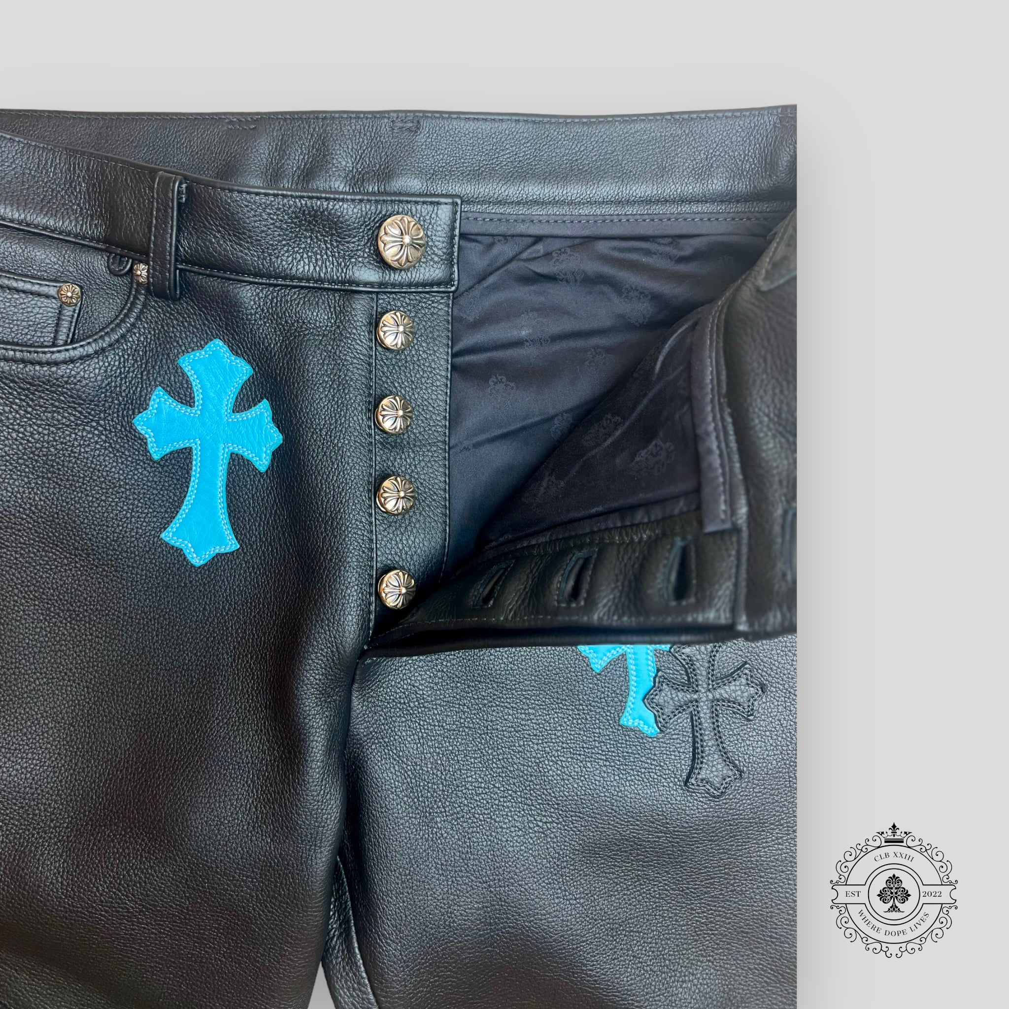 Chrome Hearts Cross Patch Leather Pants in Black/Blue