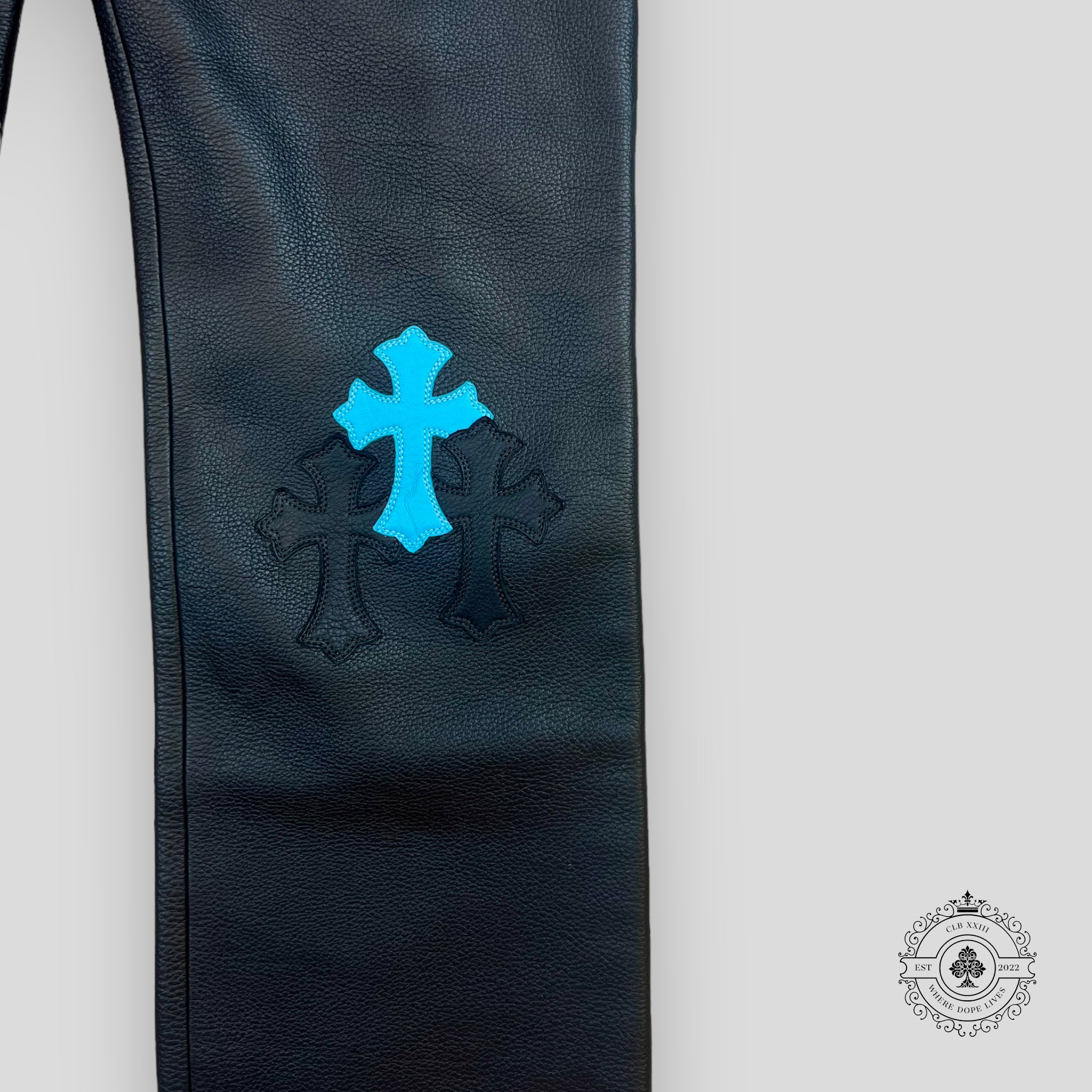 Chrome Hearts Cross Patch Leather Pants in Black/Blue