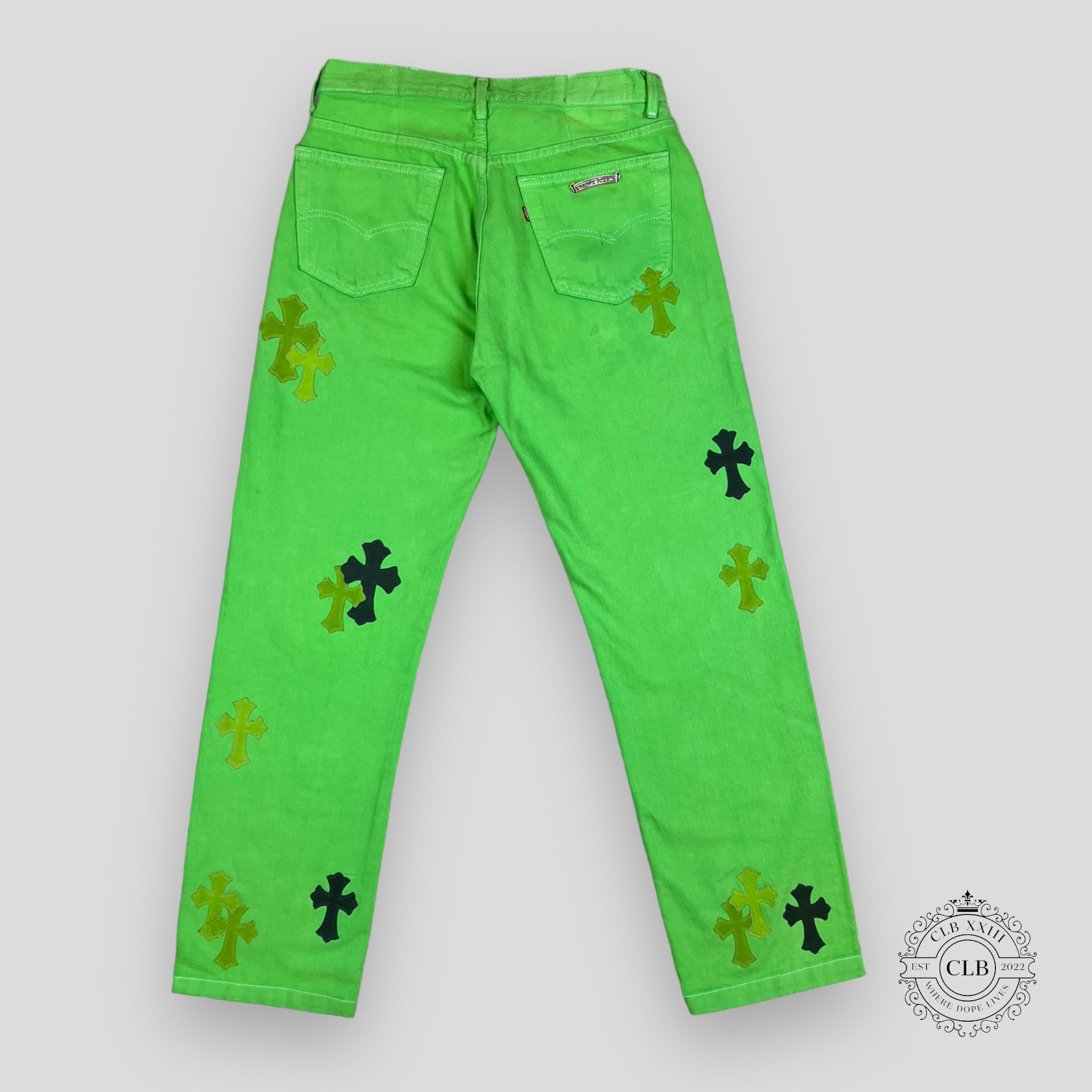 CHROME HEARTS X LEVI LIME GREEN CROSS PATCH JEANS