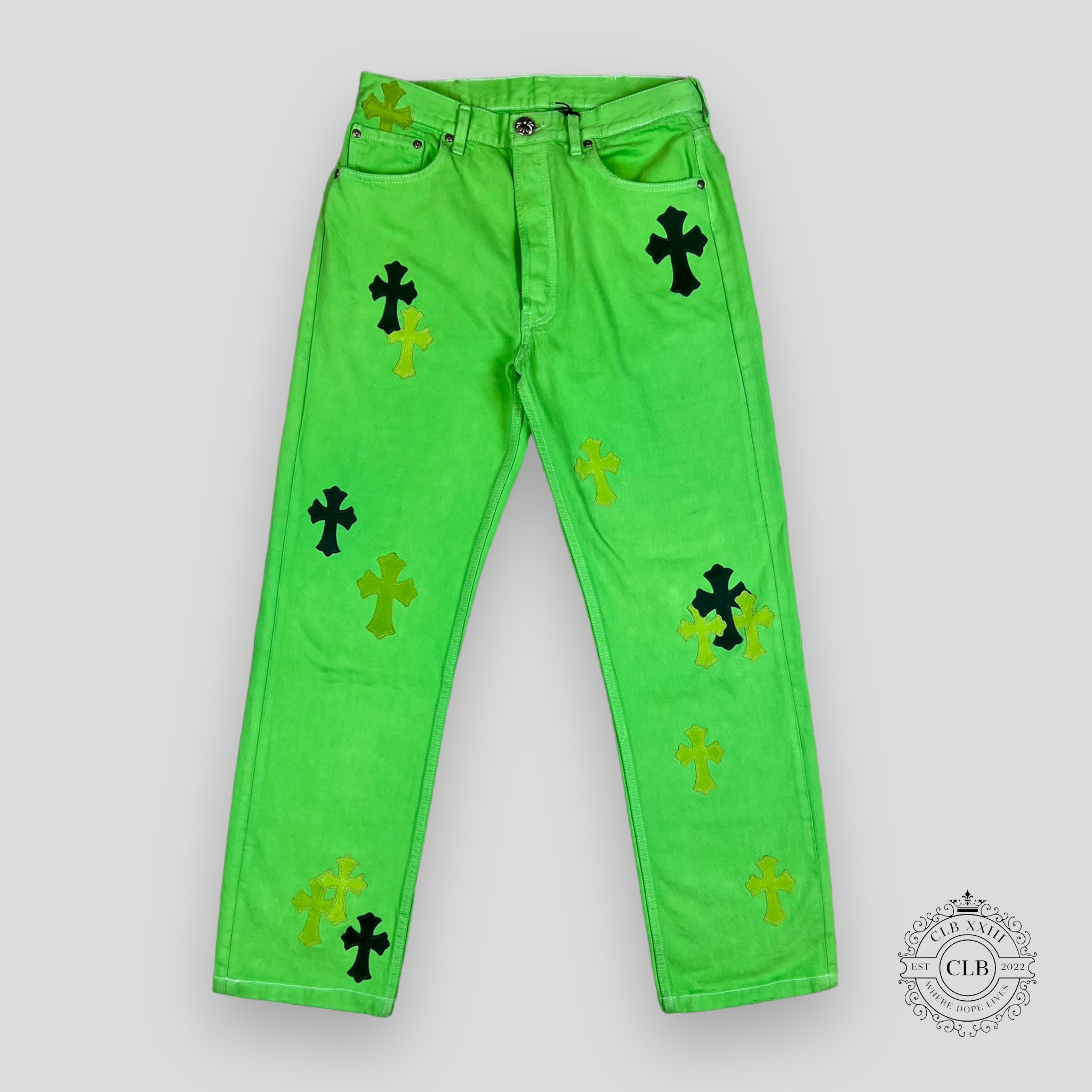 CHROME HEARTS X LEVI LIME GREEN CROSS PATCH JEANS