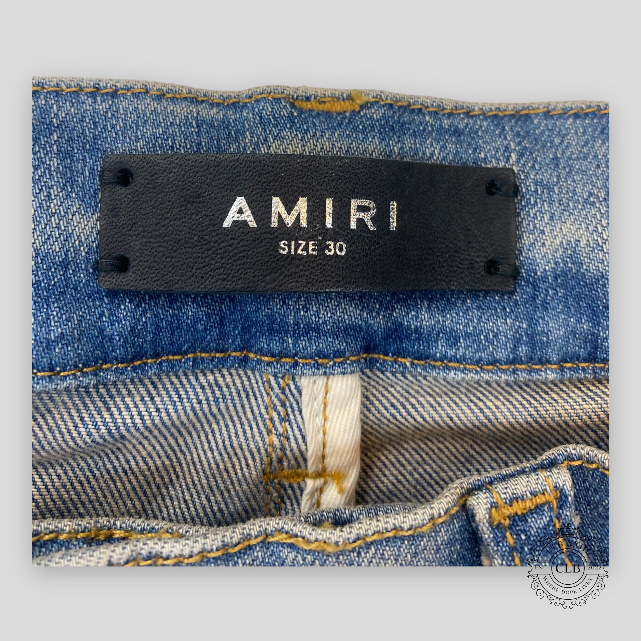 Amiri MX1 Black Leather Patch Jeans in Clay/Indigo